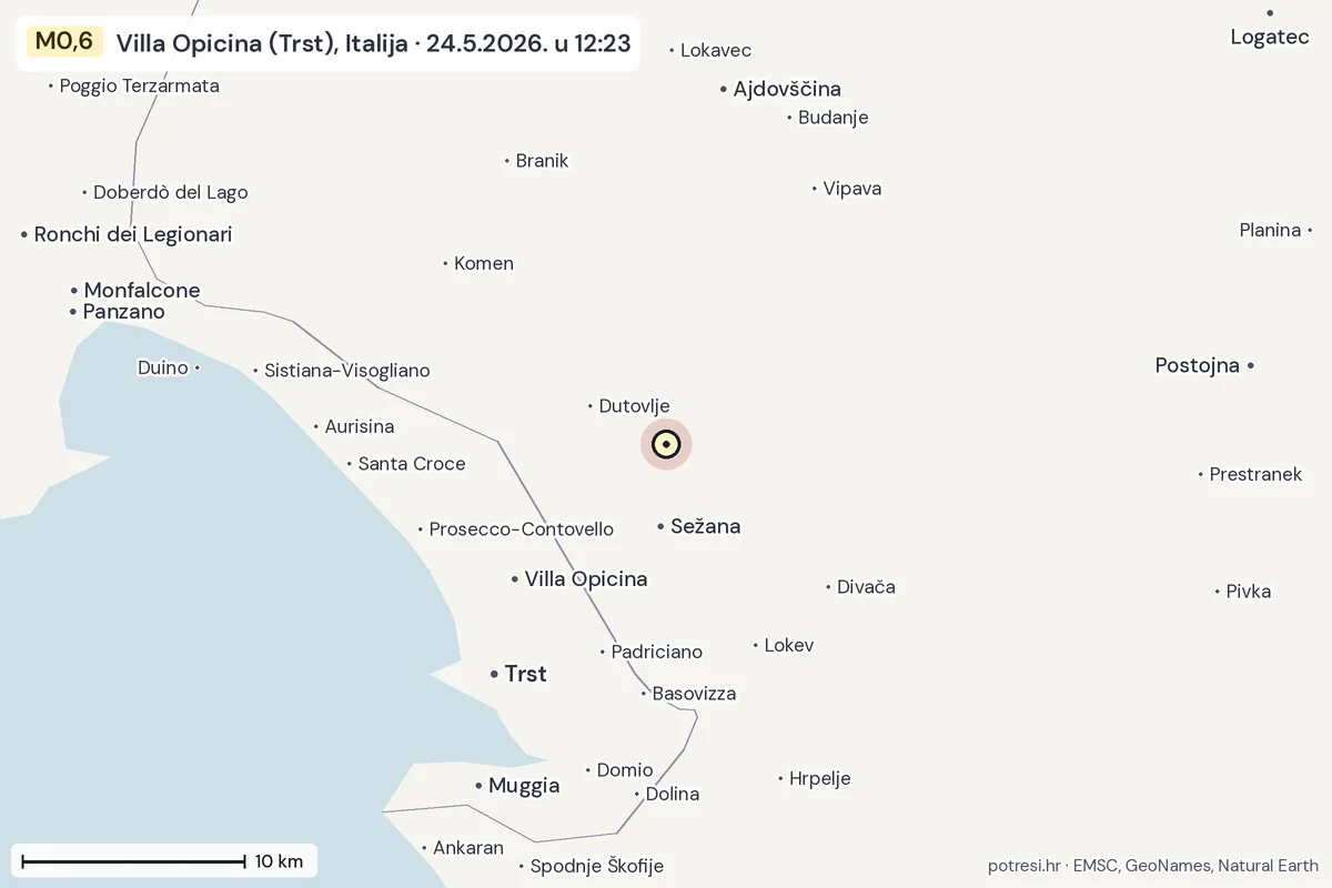 Karta: okolica epicentra, 60 km, potres M0,6, Villa Opicina (Trst), Italija, 24.5.2026.