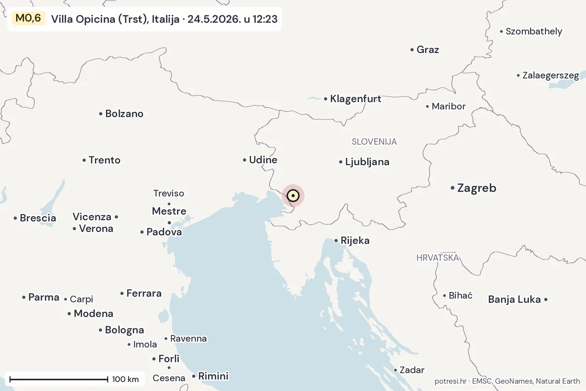 Karta: šire područje, 600 km, potres M0,6, Villa Opicina (Trst), Italija, 24.5.2026.