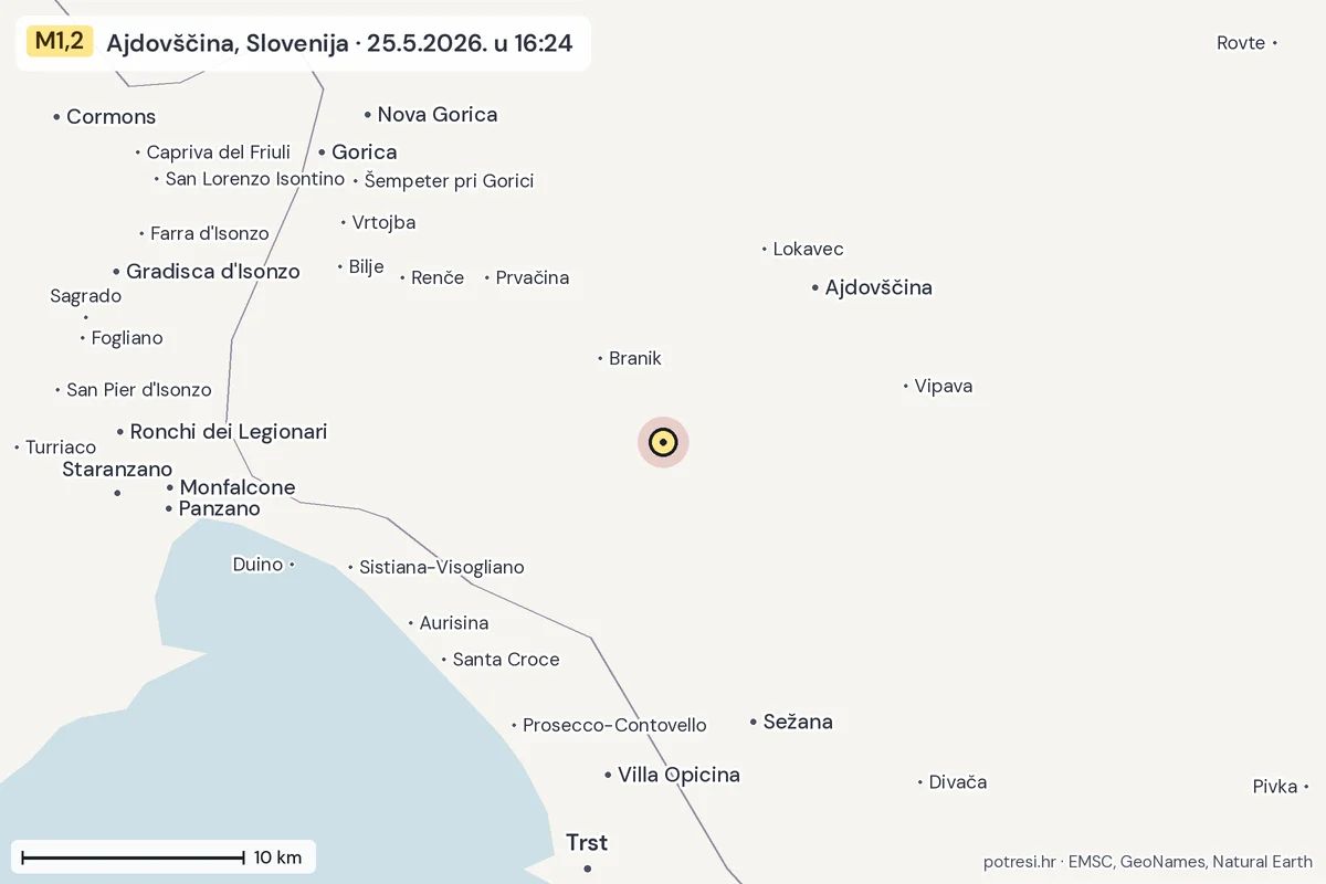 Karta: okolica epicentra, 60 km, potres M1,2, Ajdovščina, Slovenija, 25.5.2026.
