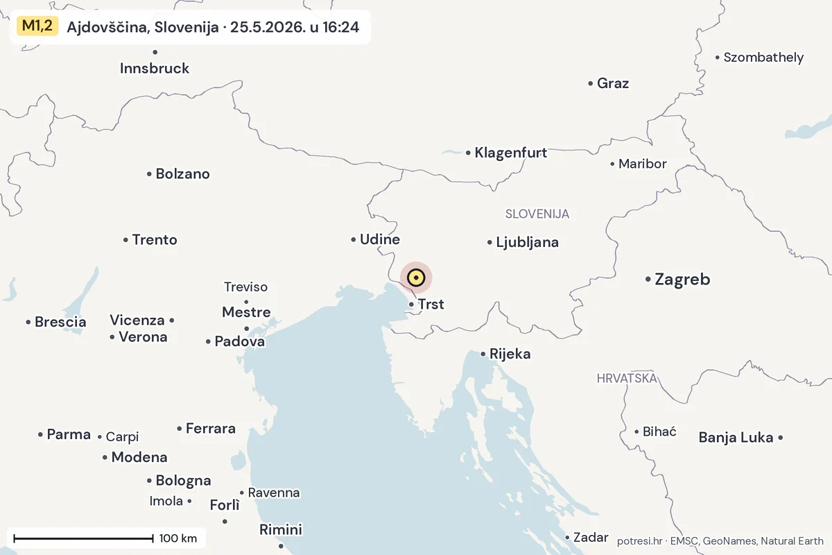 Karta: šire područje, 600 km, potres M1,2, Ajdovščina, Slovenija, 25.5.2026.