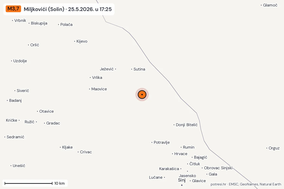 Karta: okolica epicentra, 60 km, potres M3,7, Miljkovići (Solin), 25.5.2026.