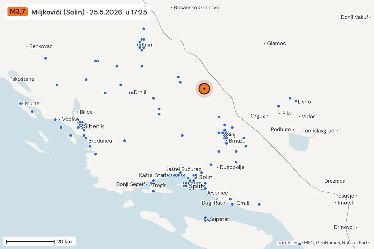 Karta: izvješća građana, potres M3,7, Miljkovići (Solin), 25.5.2026.