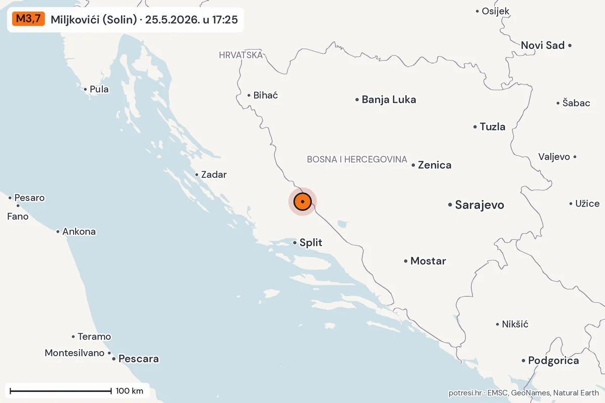 Karta: šire područje, 600 km, potres M3,7, Miljkovići (Solin), 25.5.2026.