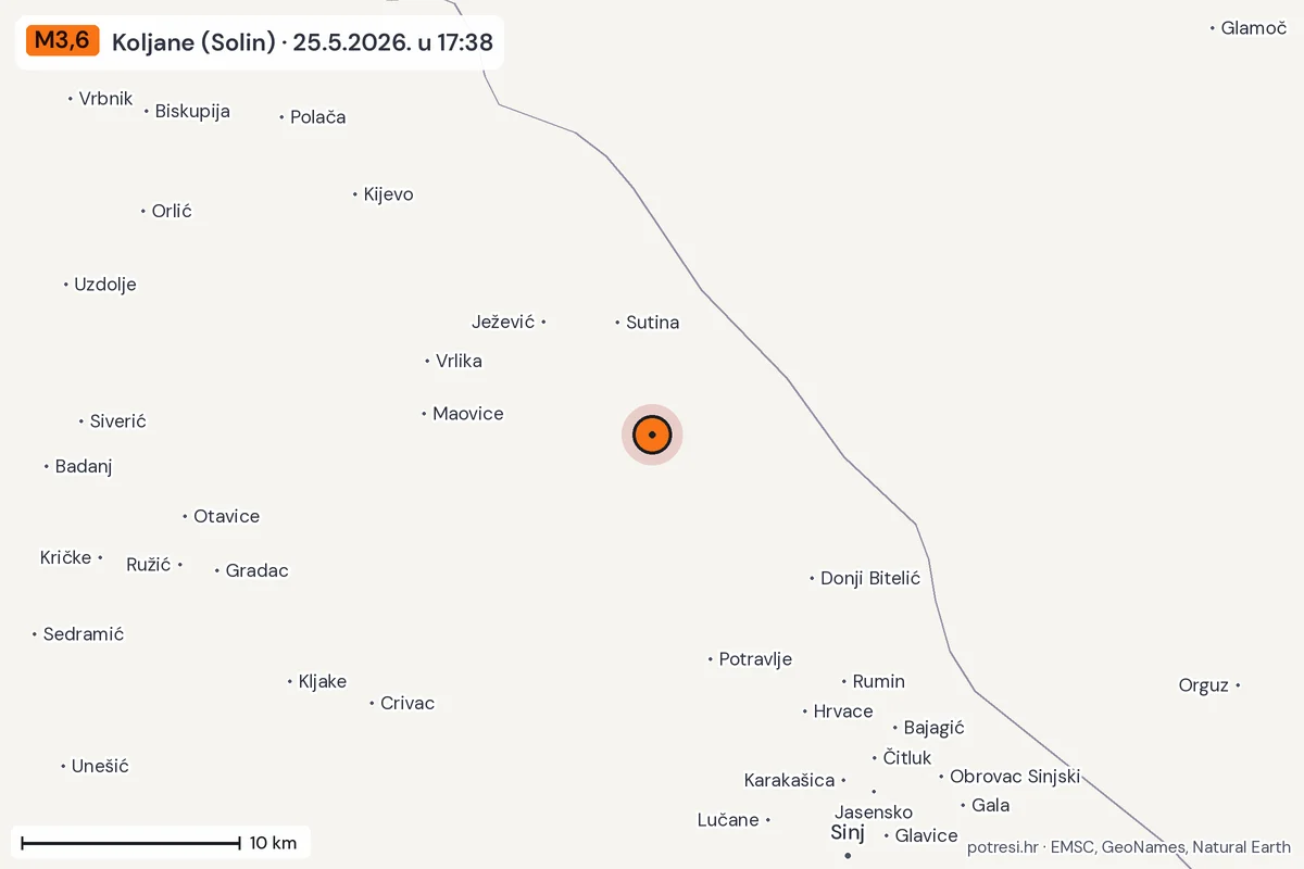 Karta: okolica epicentra, 60 km, potres M3,6, Koljane (Solin), 25.5.2026.