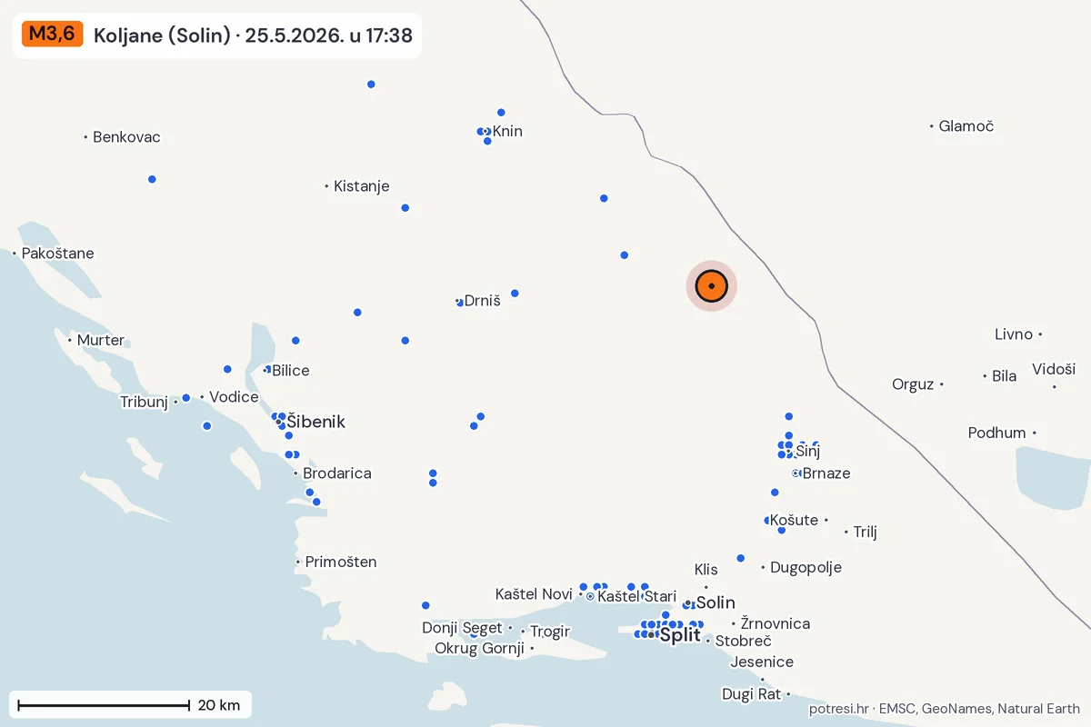 Karta: izvješća građana, potres M3,6, Koljane (Solin), 25.5.2026.