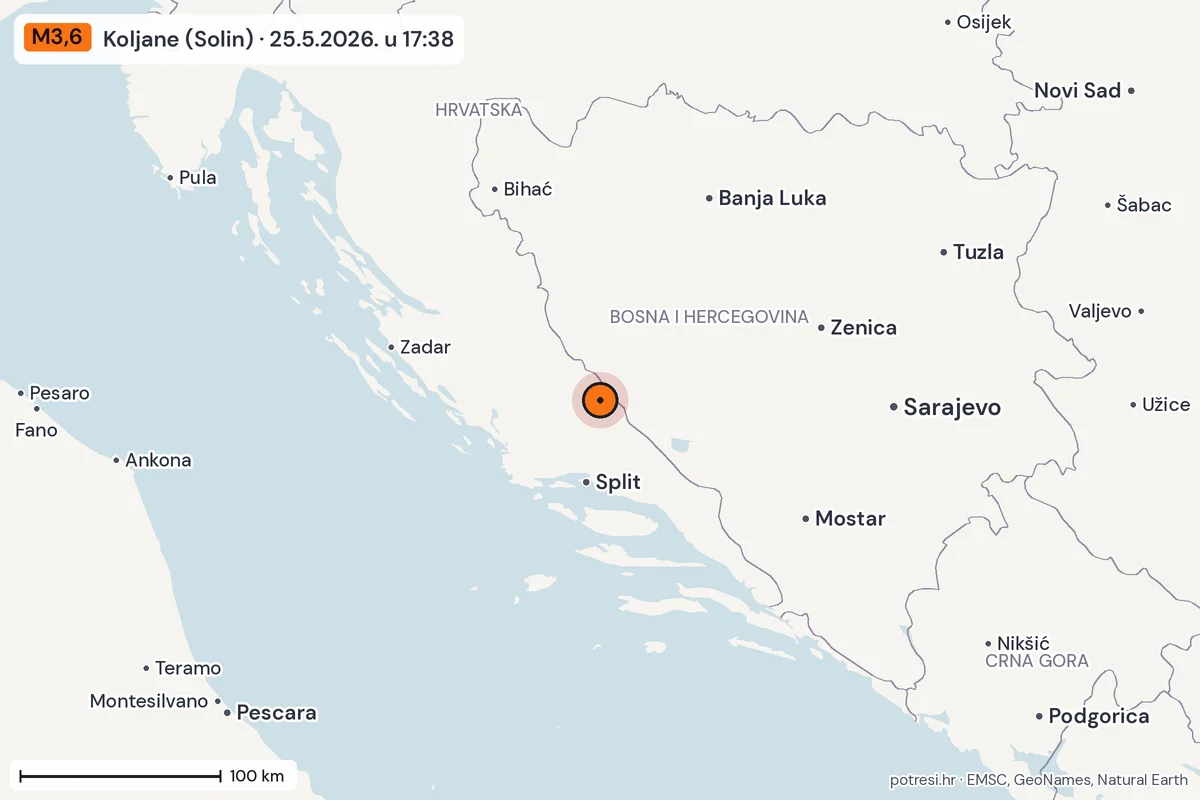 Karta: šire područje, 600 km, potres M3,6, Koljane (Solin), 25.5.2026.