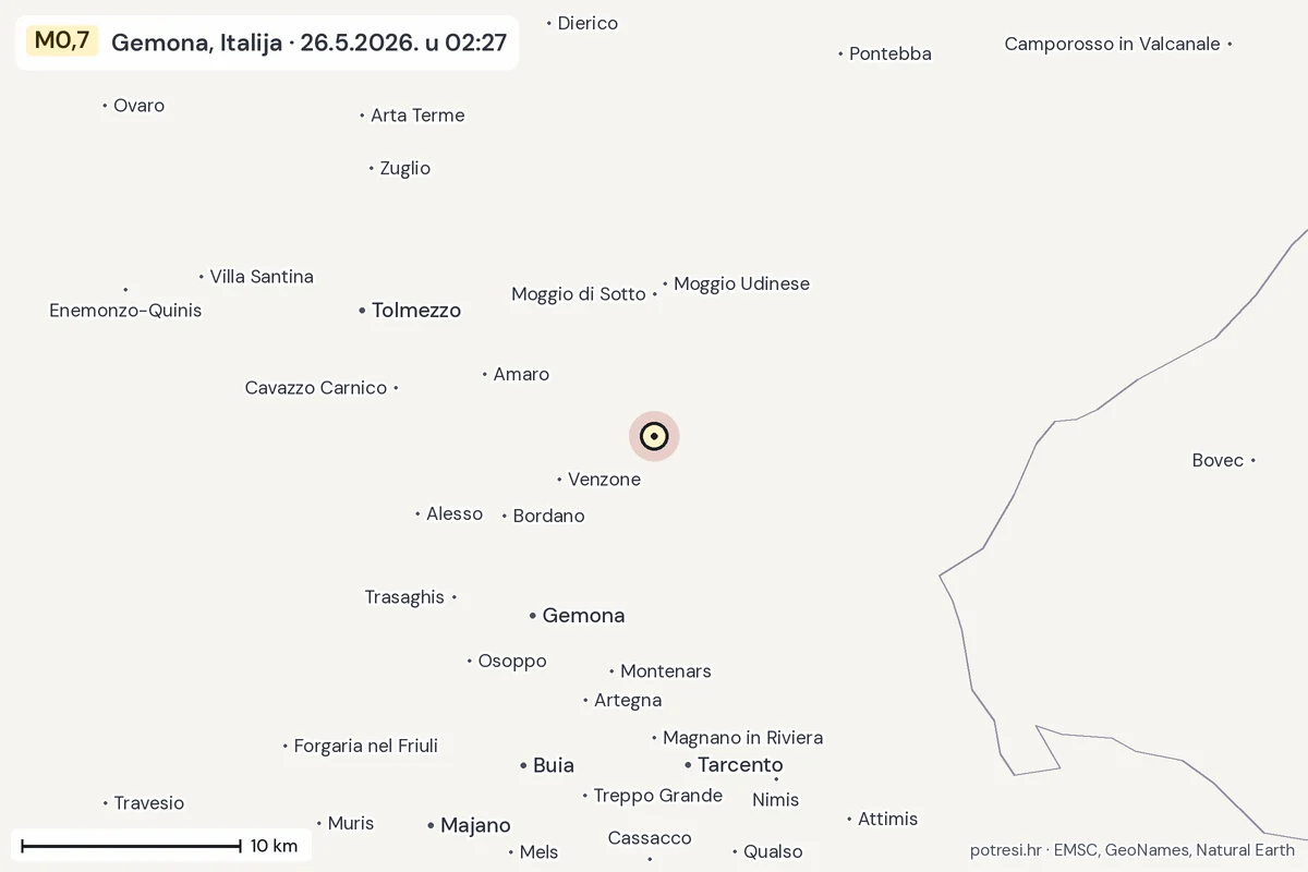 Karta: okolica epicentra, 60 km, potres M0,7, Gemona, Italija, 26.5.2026.