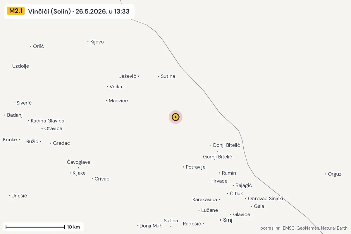 Karta: okolica epicentra, 60 km, potres M2,1, Vinčići (Solin), 26.5.2026.
