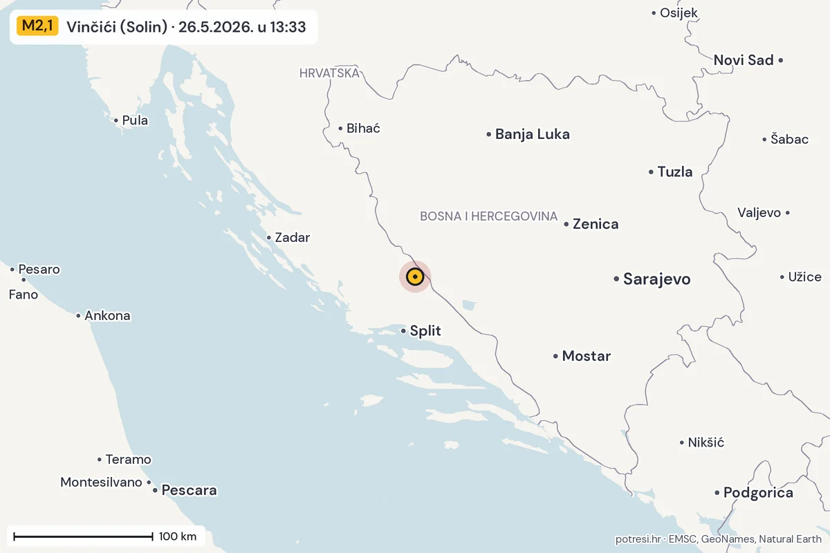 Karta: šire područje, 600 km, potres M2,1, Vinčići (Solin), 26.5.2026.