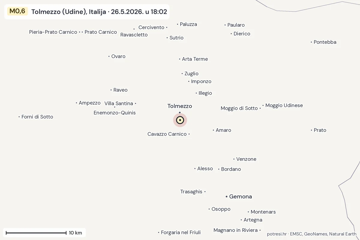 Karta: okolica epicentra, 60 km, potres M0,6, Tolmezzo (Udine), Italija, 26.5.2026.