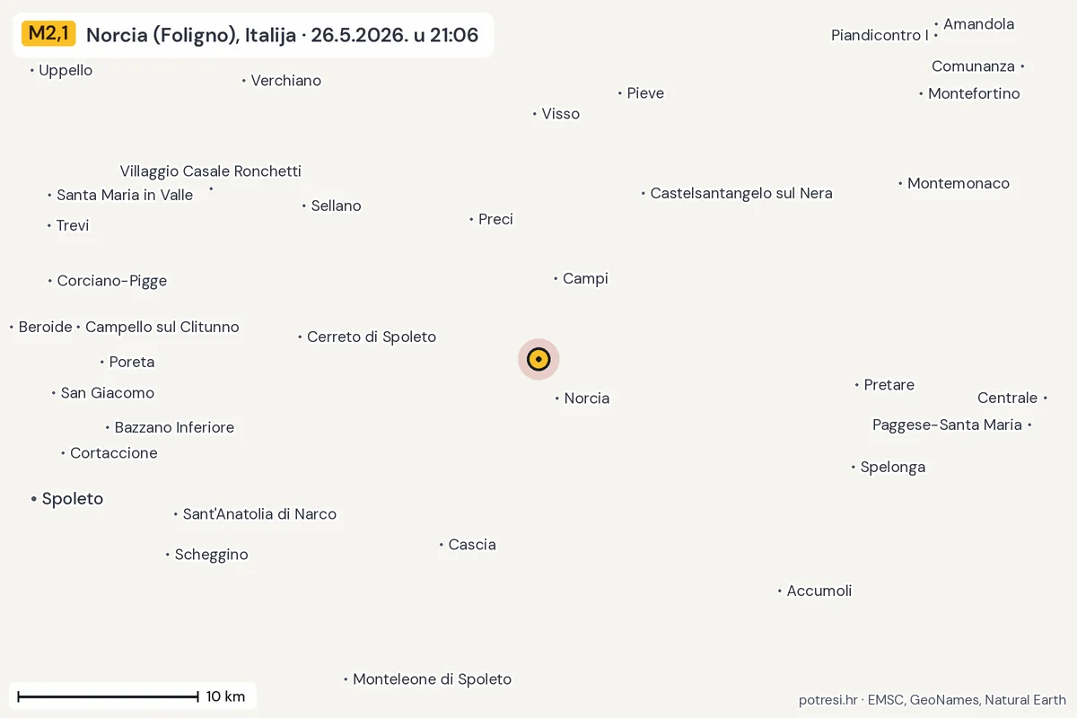 Karta: okolica epicentra, 60 km, potres M2,1, Norcia (Foligno), Italija, 26.5.2026.