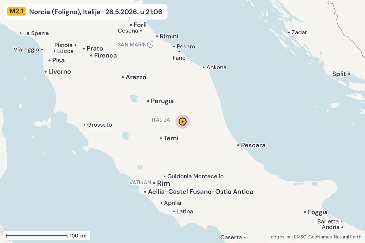 Karta: šire područje, 600 km, potres M2,1, Norcia (Foligno), Italija, 26.5.2026.