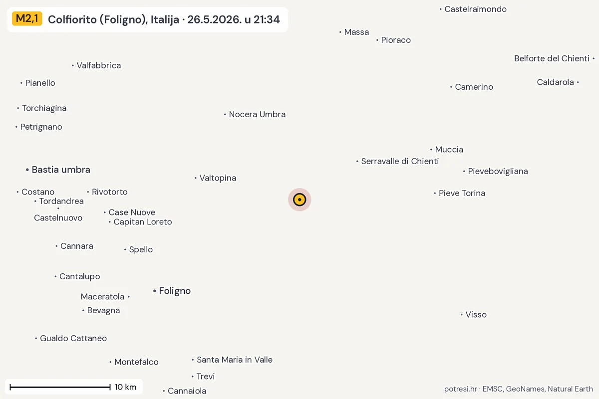 Karta: okolica epicentra, 60 km, potres M2,1, Colfiorito (Foligno), Italija, 26.5.2026.