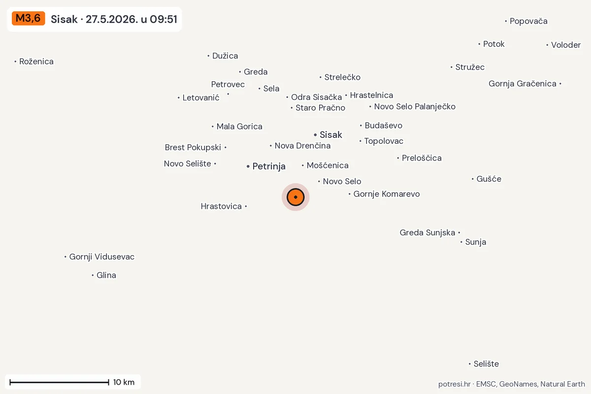 Karta: okolica epicentra, 60 km, potres M3,6, Sisak, 27.5.2026.