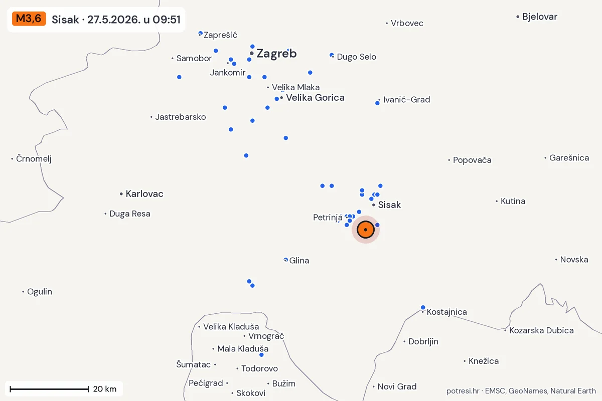 Karta: izvješća građana, potres M3,6, Sisak, 27.5.2026.