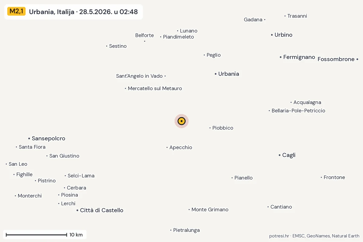 Karta: okolica epicentra, 60 km, potres M2,1, Urbania, Italija, 28.5.2026.