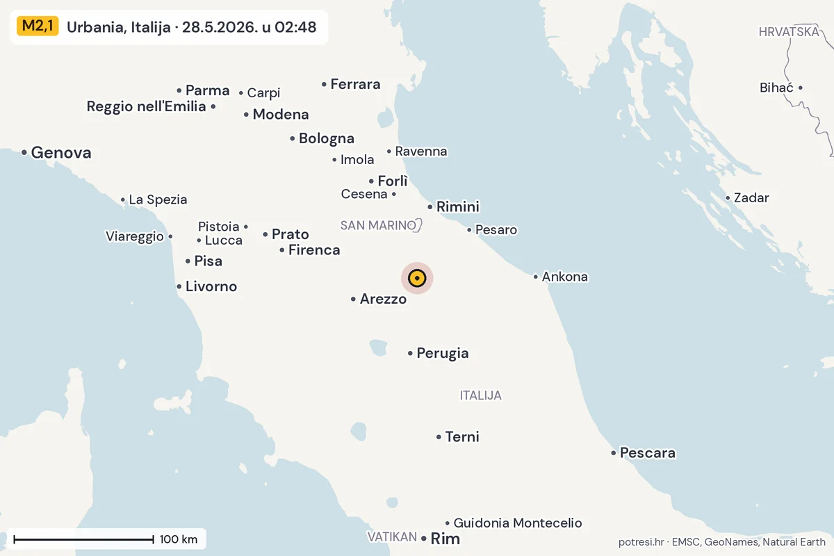 Karta: šire područje, 600 km, potres M2,1, Urbania, Italija, 28.5.2026.