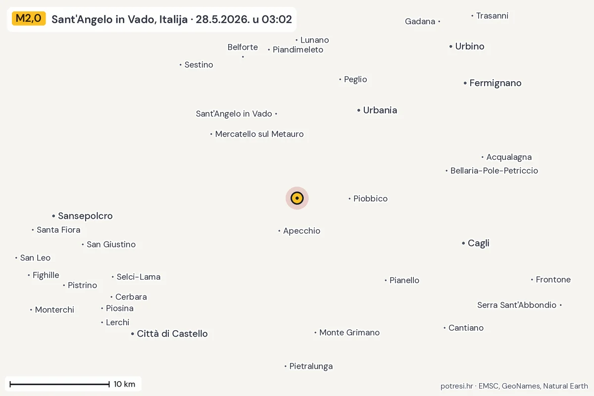 Karta: okolica epicentra, 60 km, potres M2,0, Sant'Angelo in Vado, Italija, 28.5.2026.