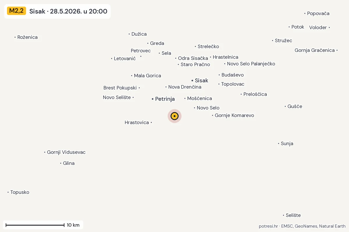 Karta: okolica epicentra, 60 km, potres M2,2, Sisak, 28.5.2026.