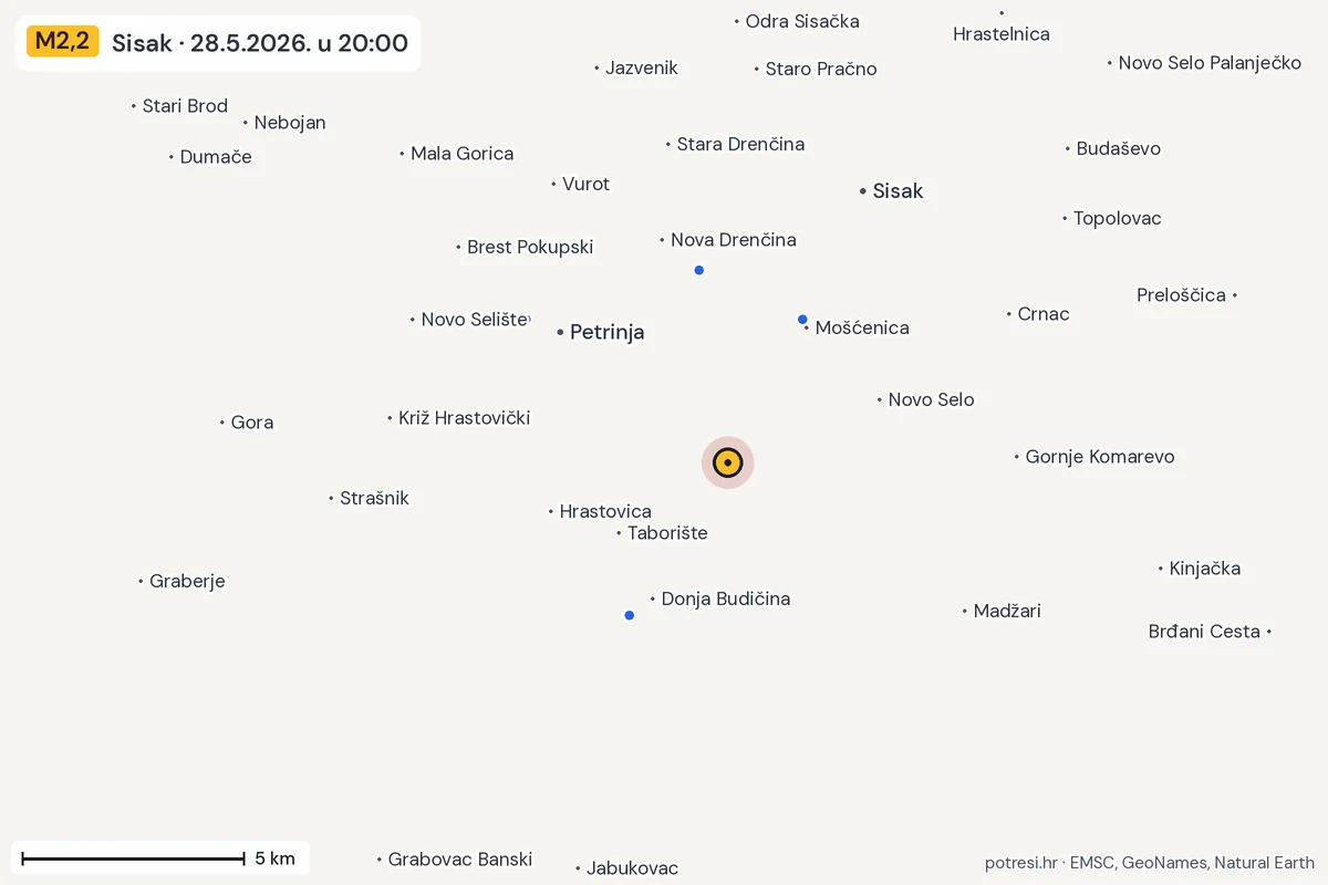 Karta: izvješća građana, potres M2,2, Sisak, 28.5.2026.