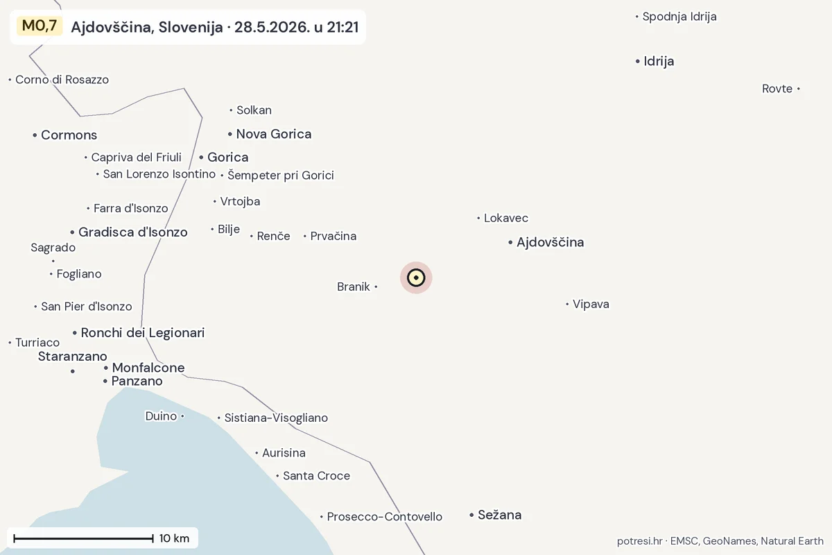 Karta: okolica epicentra, 60 km, potres M0,7, Ajdovščina, Slovenija, 28.5.2026.