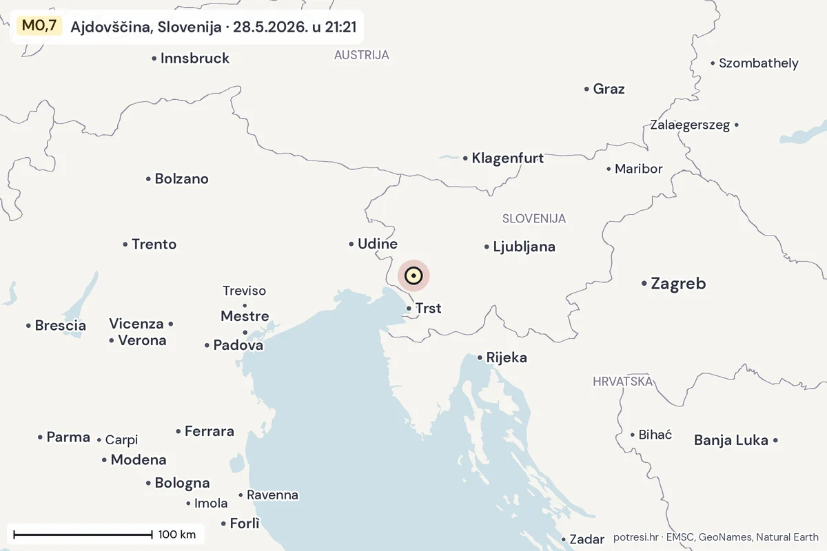 Karta: šire područje, 600 km, potres M0,7, Ajdovščina, Slovenija, 28.5.2026.