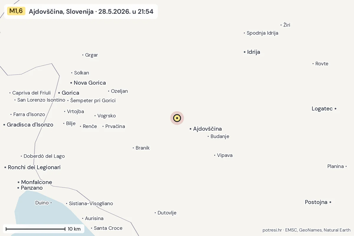 Karta: okolica epicentra, 60 km, potres M1,6, Ajdovščina, Slovenija, 28.5.2026.