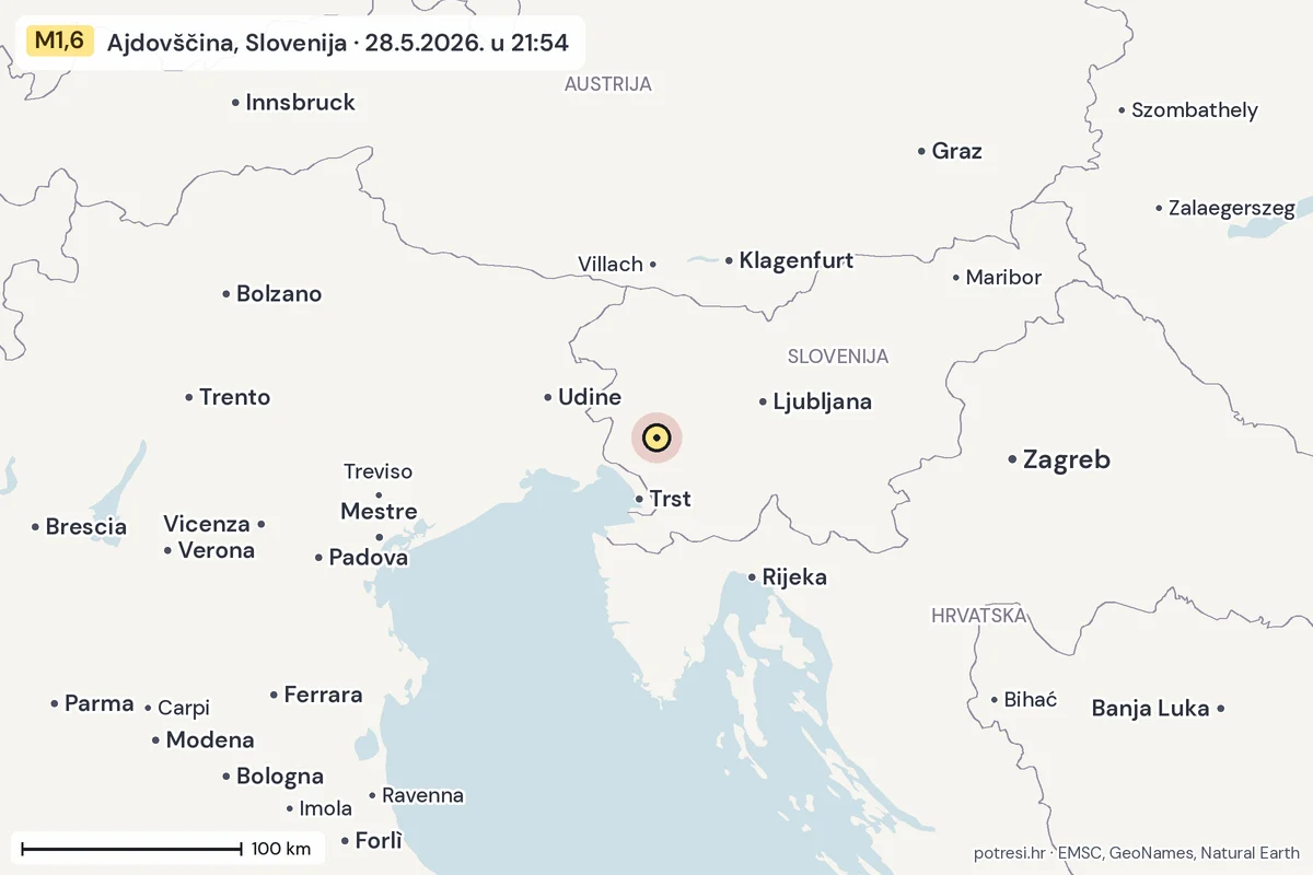 Karta: šire područje, 600 km, potres M1,6, Ajdovščina, Slovenija, 28.5.2026.