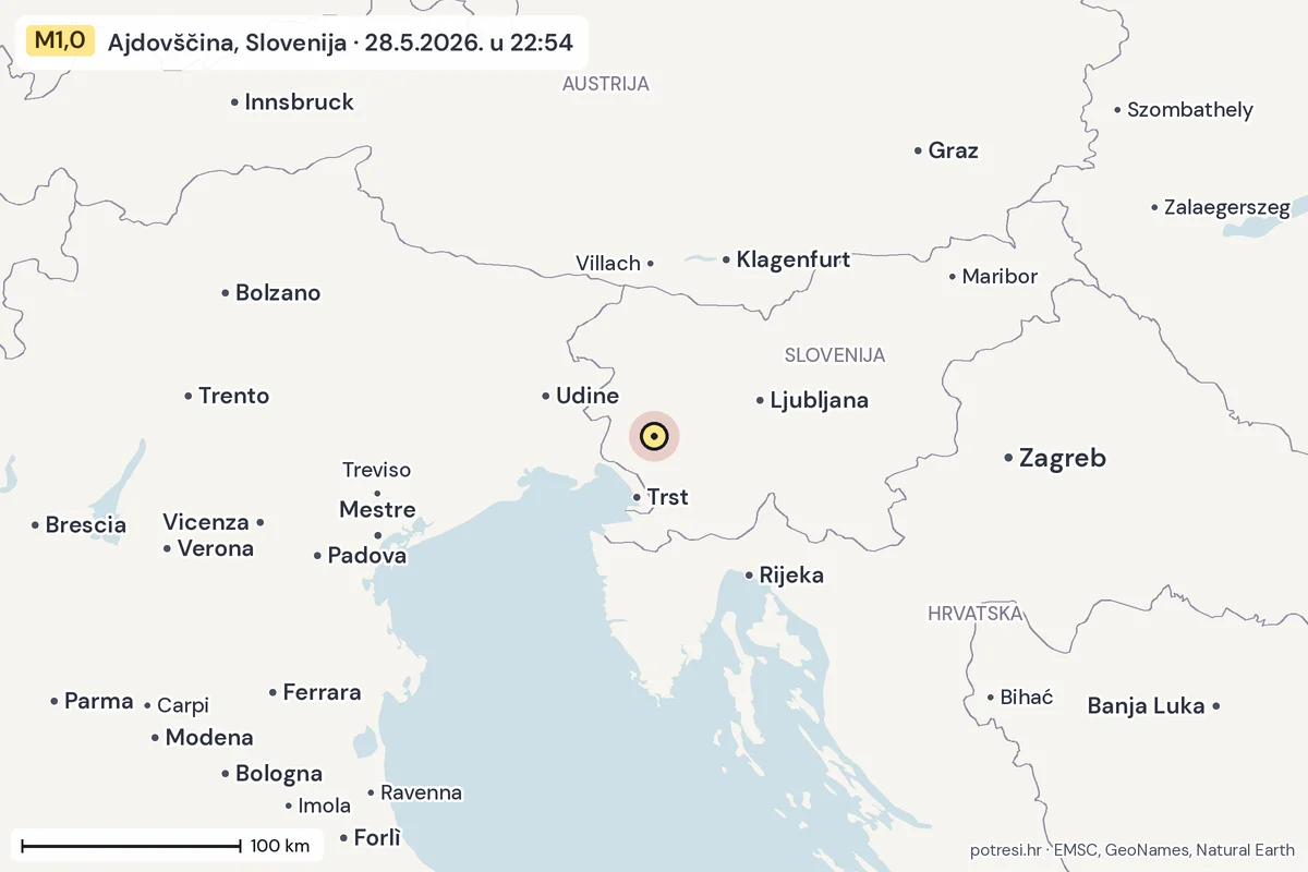 Karta: šire područje, 600 km, potres M1,0, Ajdovščina, Slovenija, 28.5.2026.