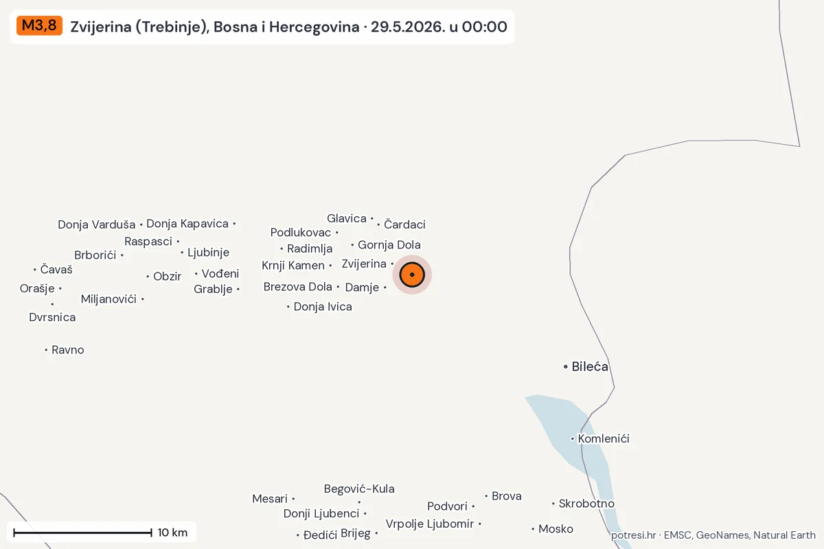 Karta: okolica epicentra, 60 km, potres M3,8, Zvijerina (Trebinje), Bosna i Hercegovina, 29.5.2026.