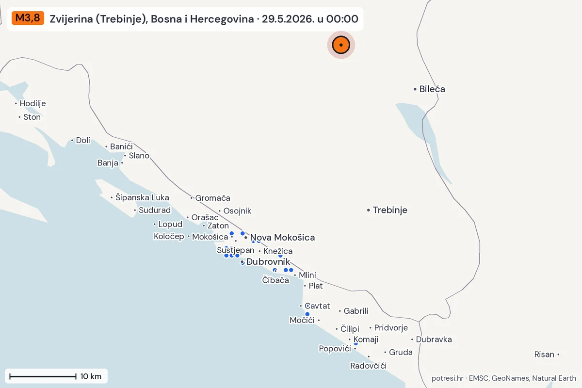 Karta: izvješća građana, potres M3,8, Zvijerina (Trebinje), Bosna i Hercegovina, 29.5.2026.