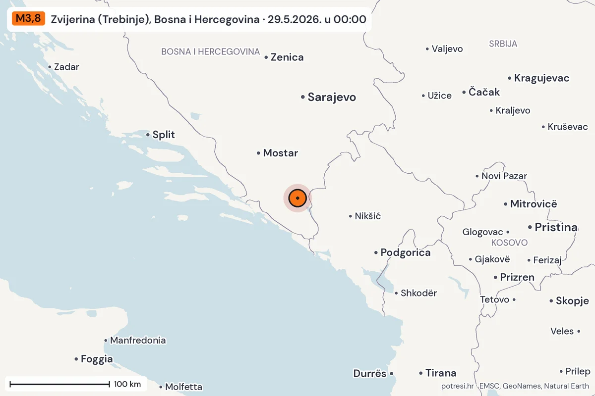 Karta: šire područje, 600 km, potres M3,8, Zvijerina (Trebinje), Bosna i Hercegovina, 29.5.2026.