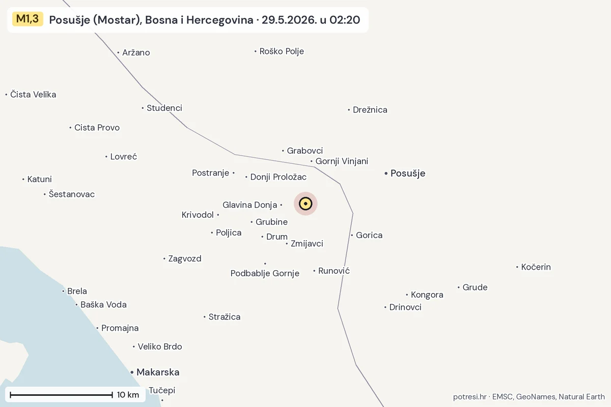 Karta: okolica epicentra, 60 km, potres M1,3, Posušje (Mostar), Bosna i Hercegovina, 29.5.2026.