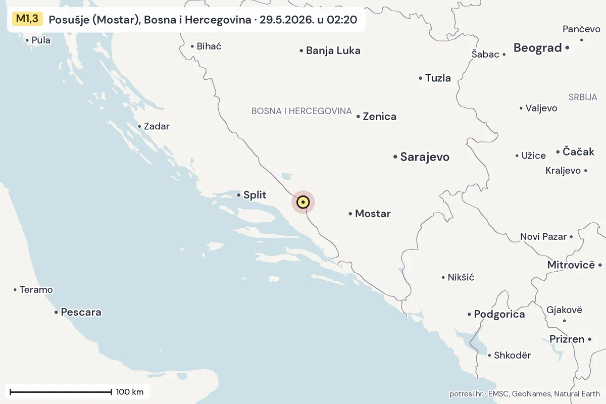 Karta: šire područje, 600 km, potres M1,3, Posušje (Mostar), Bosna i Hercegovina, 29.5.2026.