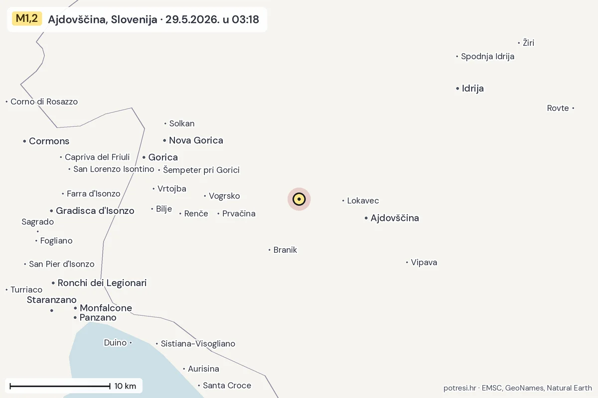 Karta: okolica epicentra, 60 km, potres M1,2, Ajdovščina, Slovenija, 29.5.2026.