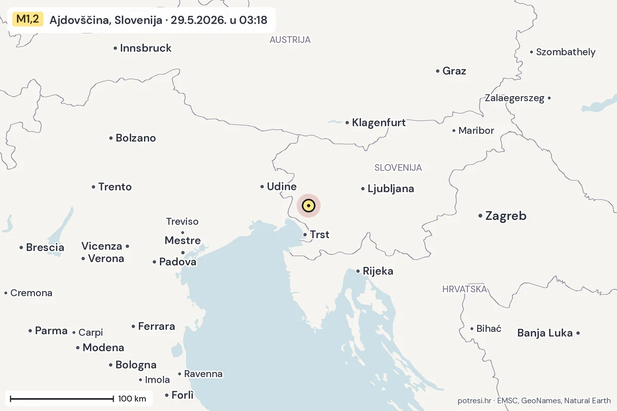 Karta: šire područje, 600 km, potres M1,2, Ajdovščina, Slovenija, 29.5.2026.