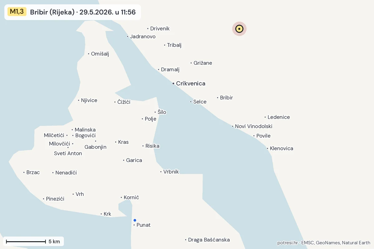 Karta: izvješća građana, potres M1,3, Bribir (Rijeka), 29.5.2026.
