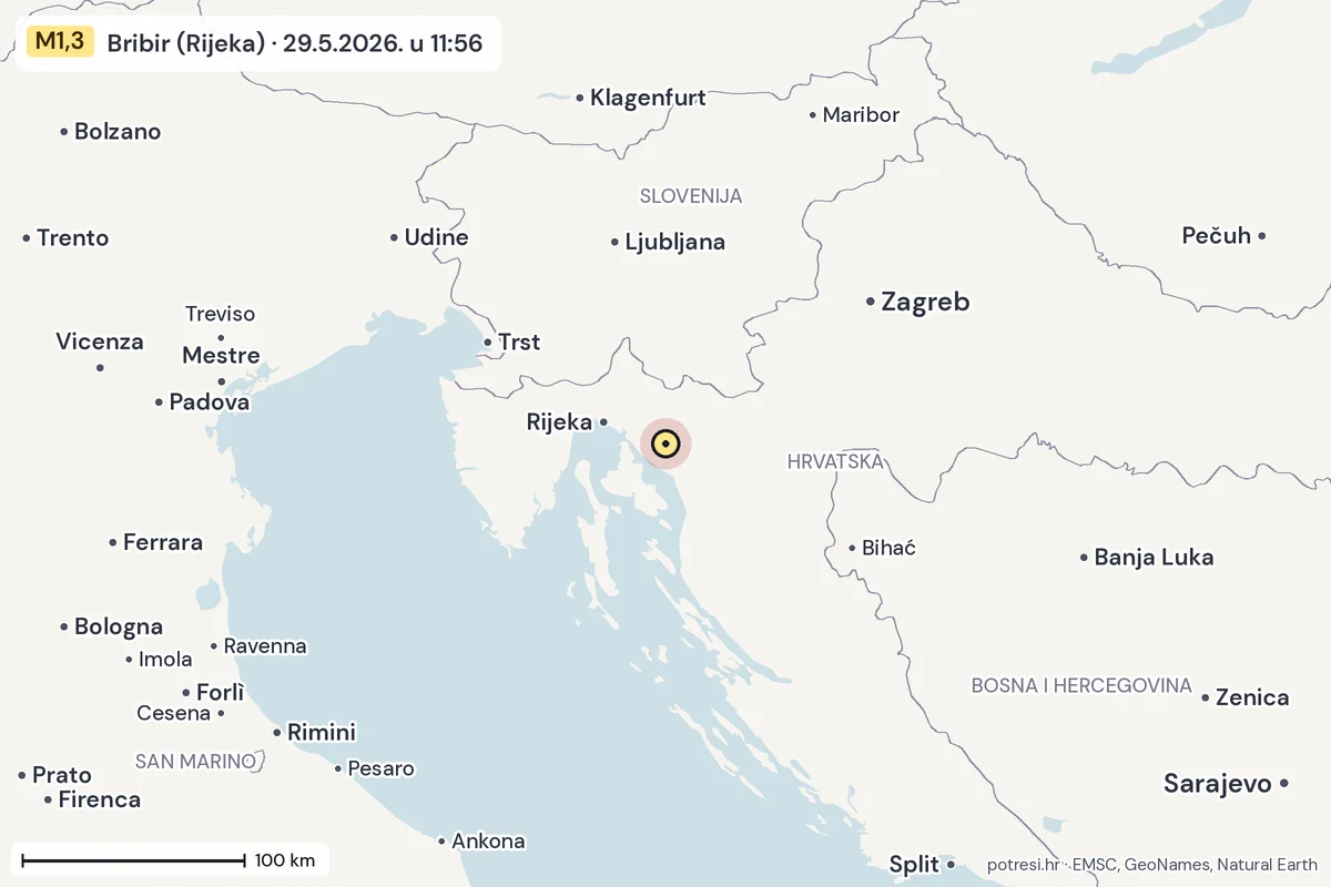 Karta: šire područje, 600 km, potres M1,3, Bribir (Rijeka), 29.5.2026.
