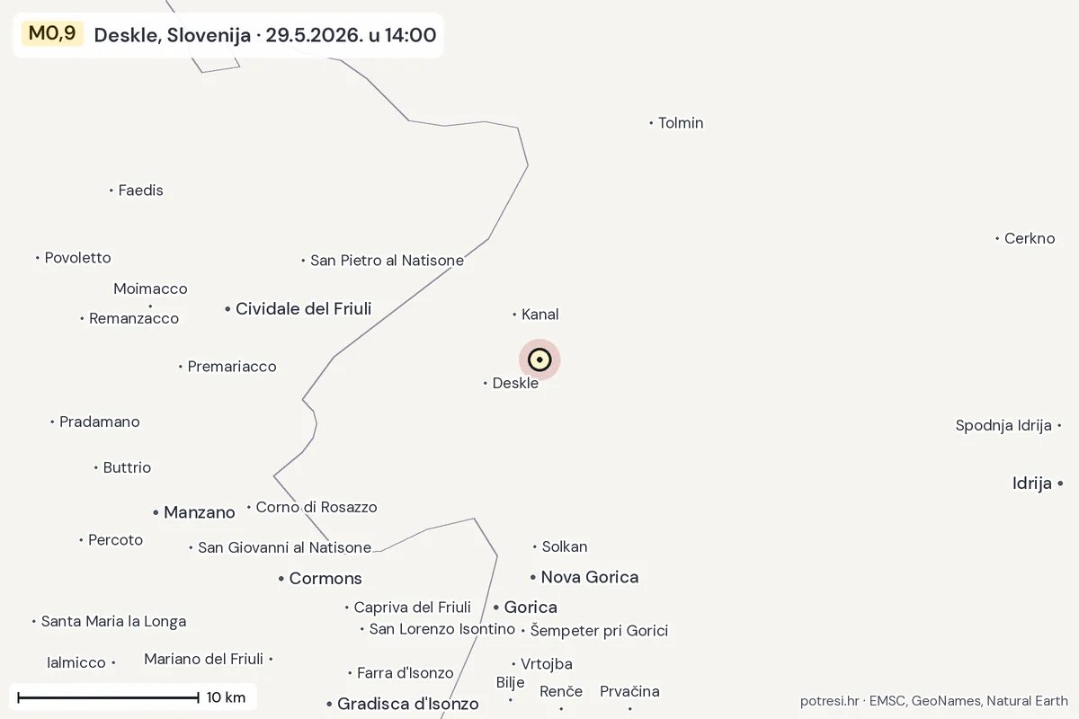 Karta: okolica epicentra, 60 km, potres M0,9, Deskle, Slovenija, 29.5.2026.