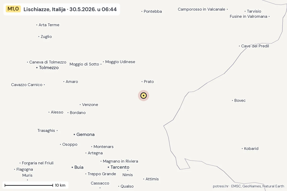 Karta: okolica epicentra, 60 km, potres M1,0, Lischiazze, Italija, 30.5.2026.