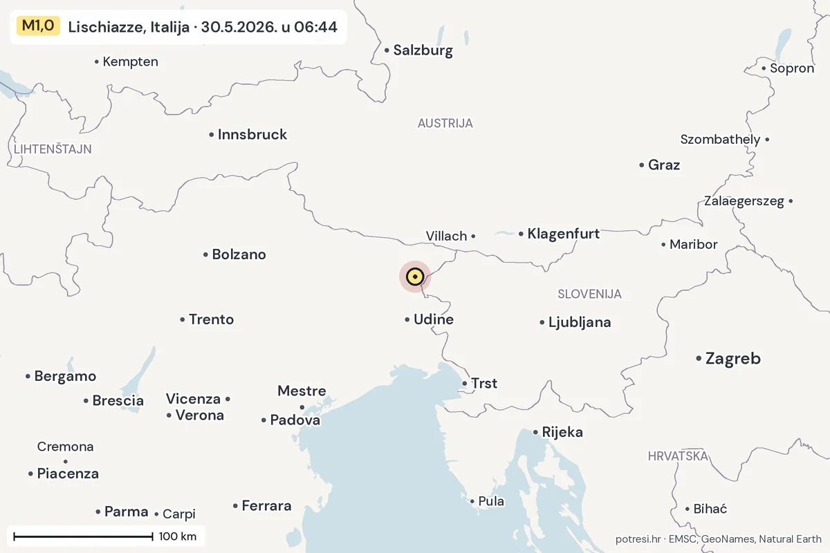 Karta: šire područje, 600 km, potres M1,0, Lischiazze, Italija, 30.5.2026.