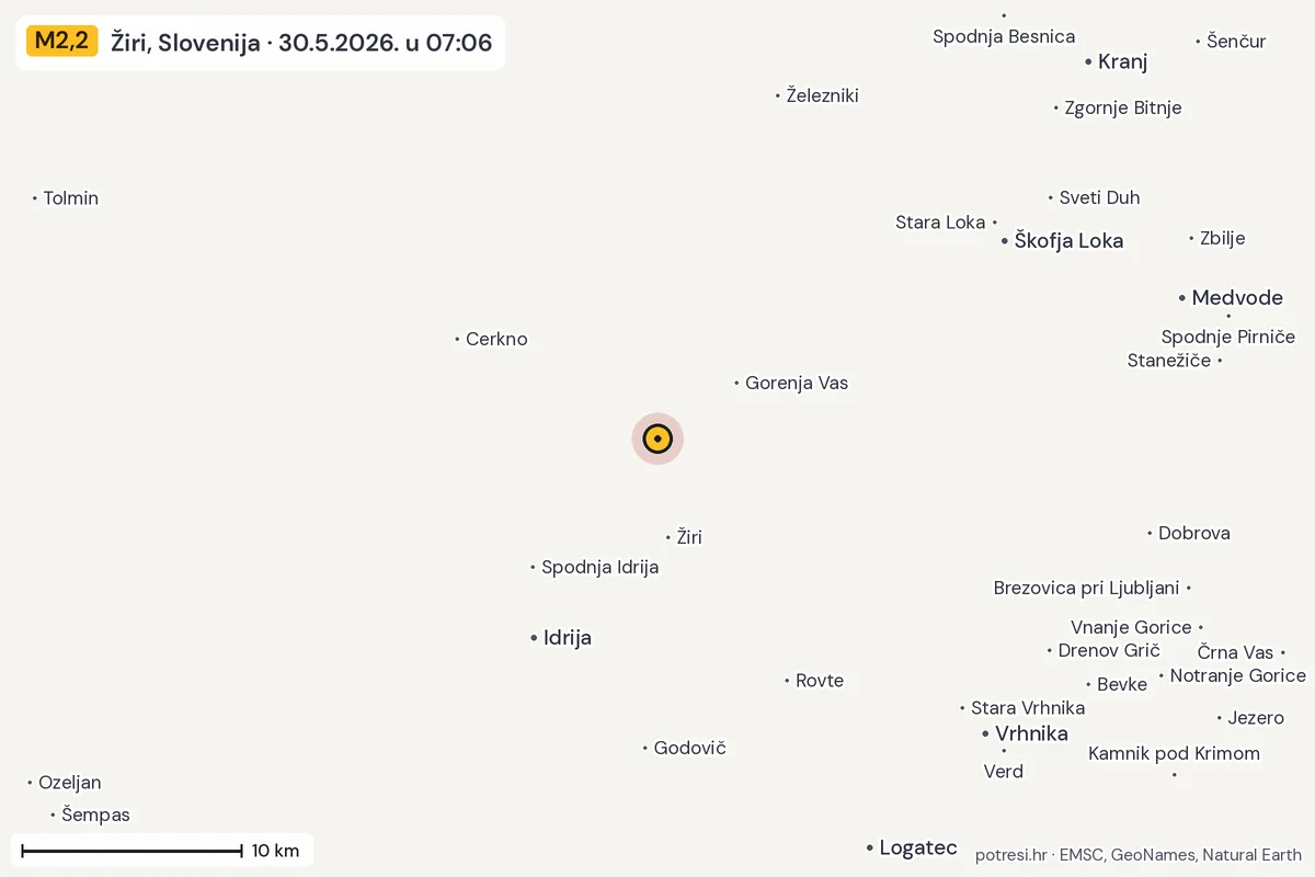 Karta: okolica epicentra, 60 km, potres M2,2, Žiri, Slovenija, 30.5.2026.
