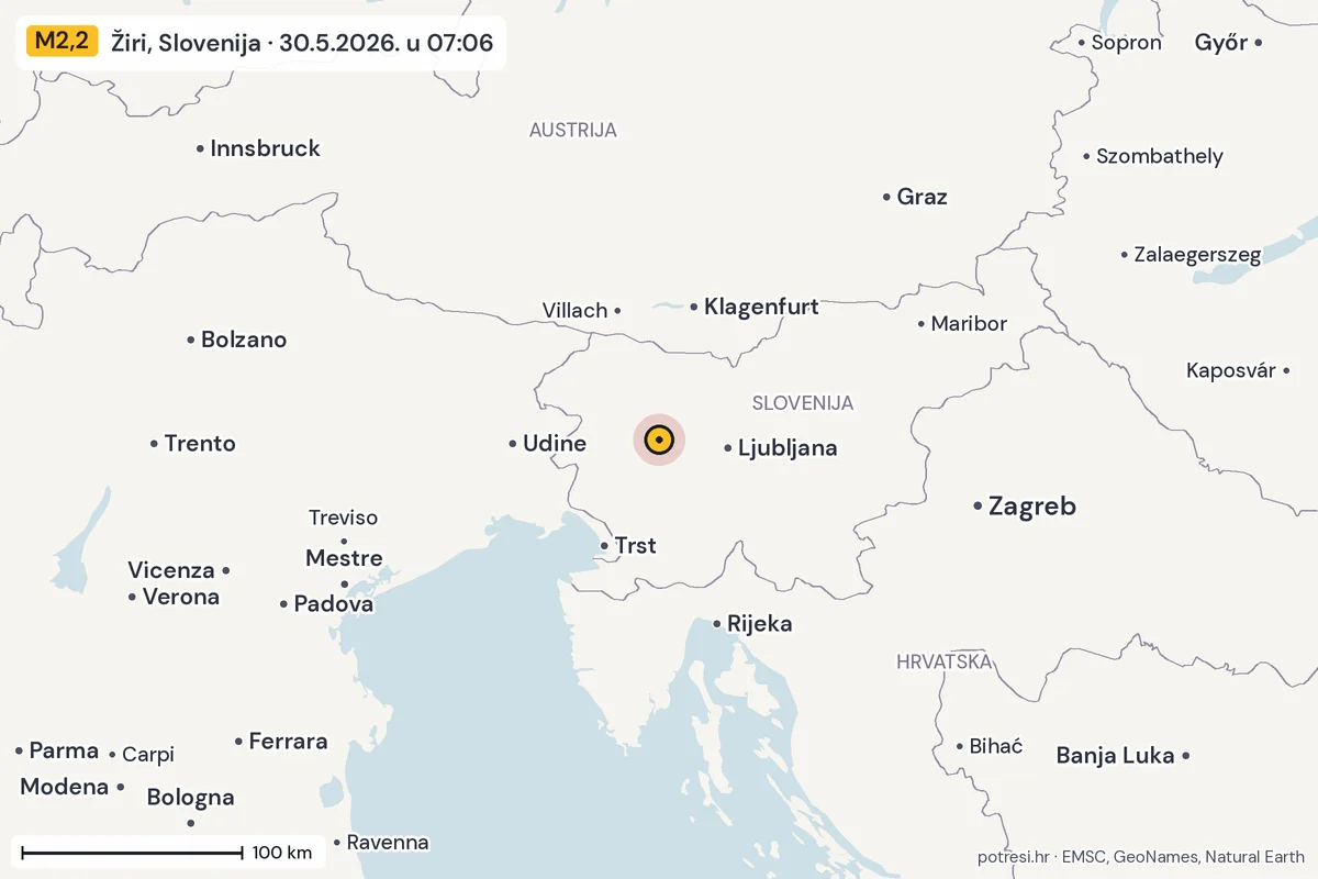 Karta: šire područje, 600 km, potres M2,2, Žiri, Slovenija, 30.5.2026.