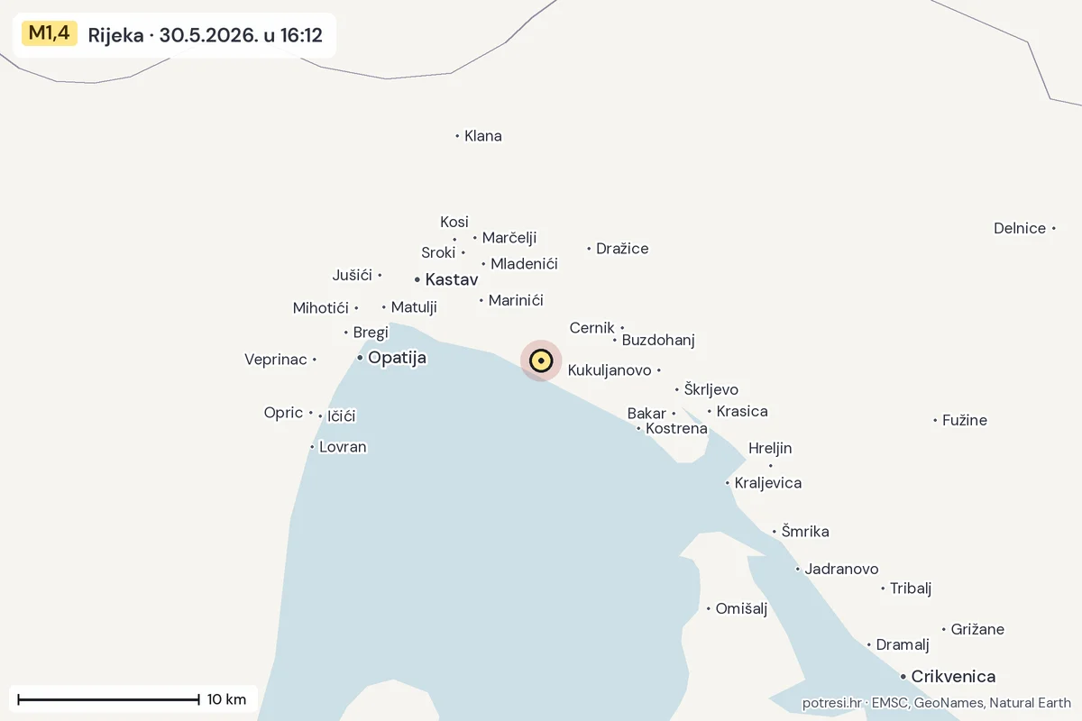 Karta: okolica epicentra, 60 km, potres M1,4, Rijeka, 30.5.2026.