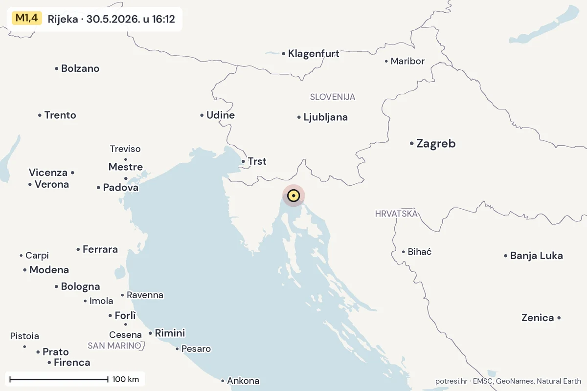 Karta: šire područje, 600 km, potres M1,4, Rijeka, 30.5.2026.