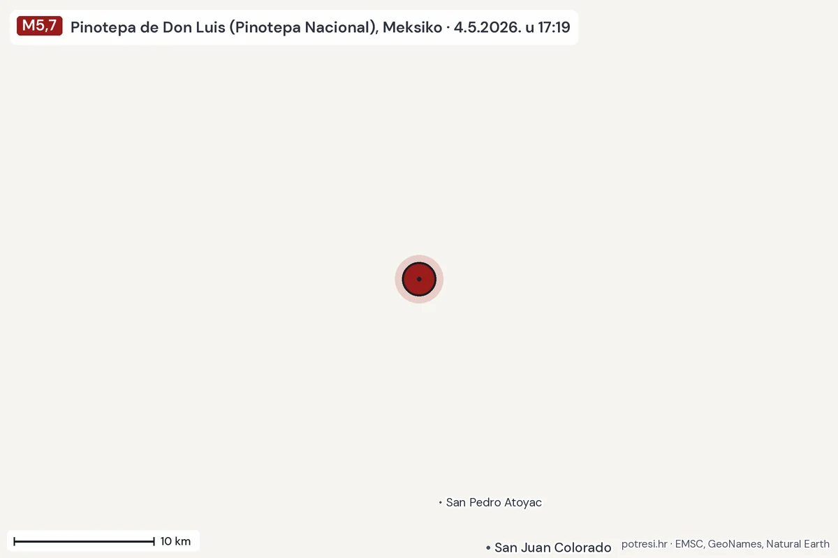 Karta: okolica epicentra, 60 km, potres M5,7, Pinotepa de Don Luis (Pinotepa Nacional), Meksiko, 4.5.2026.