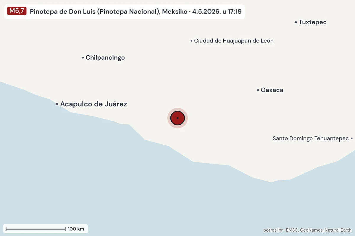 Karta: šire područje, 600 km, potres M5,7, Pinotepa de Don Luis (Pinotepa Nacional), Meksiko, 4.5.2026.