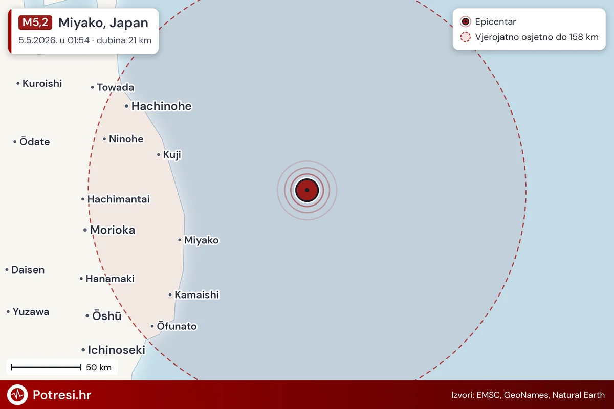 Karta: šire područje i vjerojatni doseg osjeta, potres M5,2, Miyako, Japan, 5.5.2026.