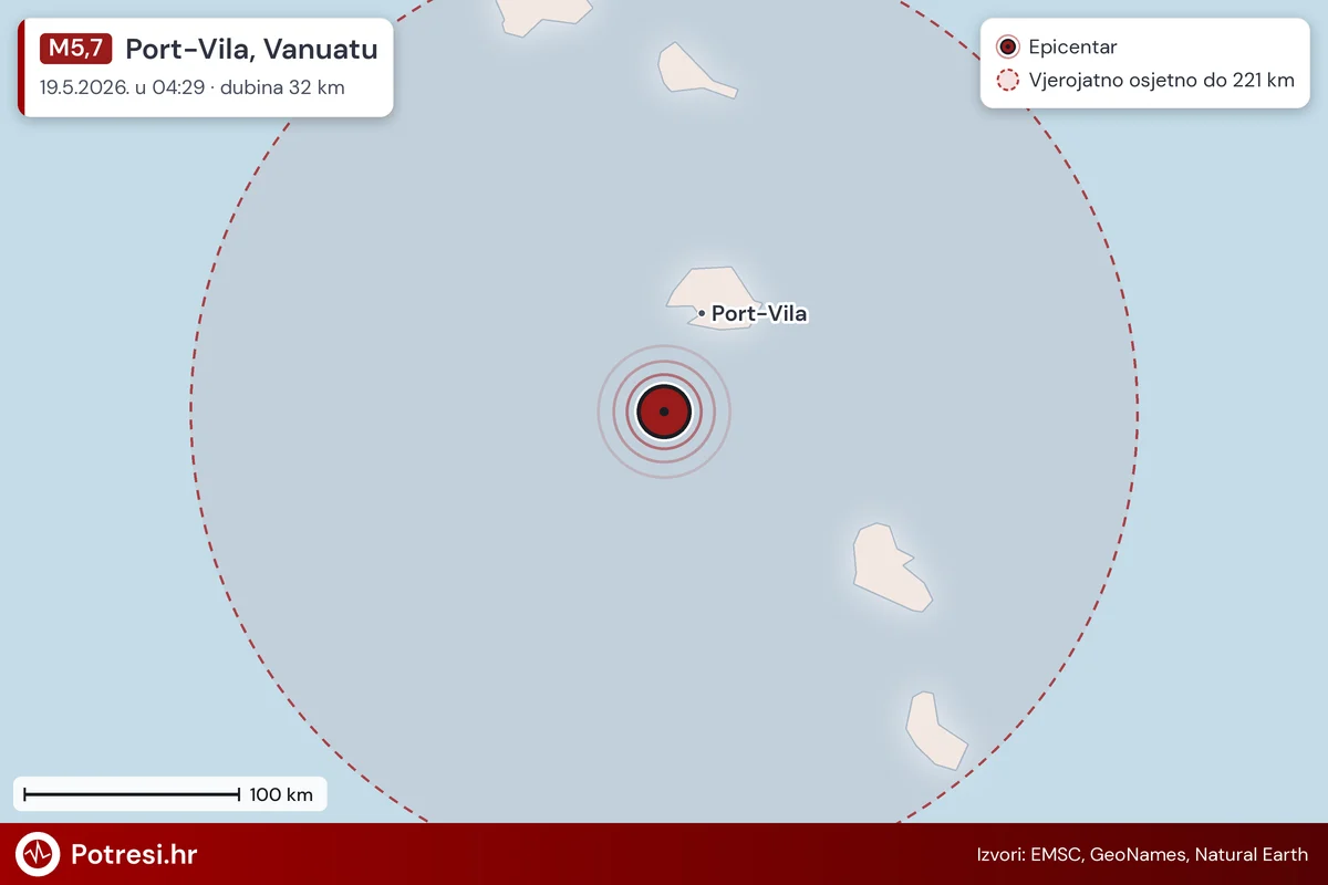 Karta: šire područje i vjerojatni doseg osjeta, potres M5,7, Port-Vila, Vanuatu, 19.5.2026.