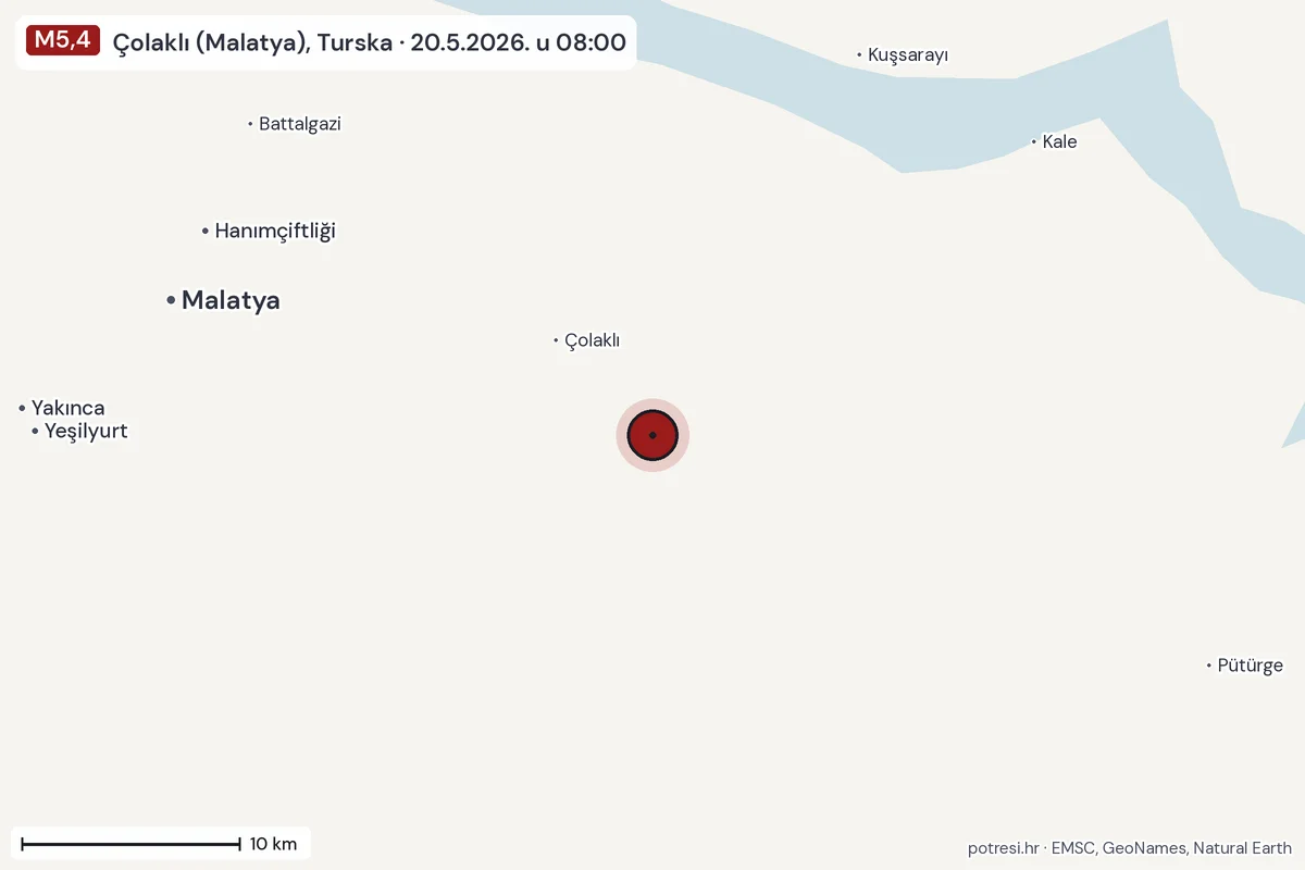 Karta: okolica epicentra, 60 km, potres M5,4, Çolaklı (Malatya), Turska, 20.5.2026.